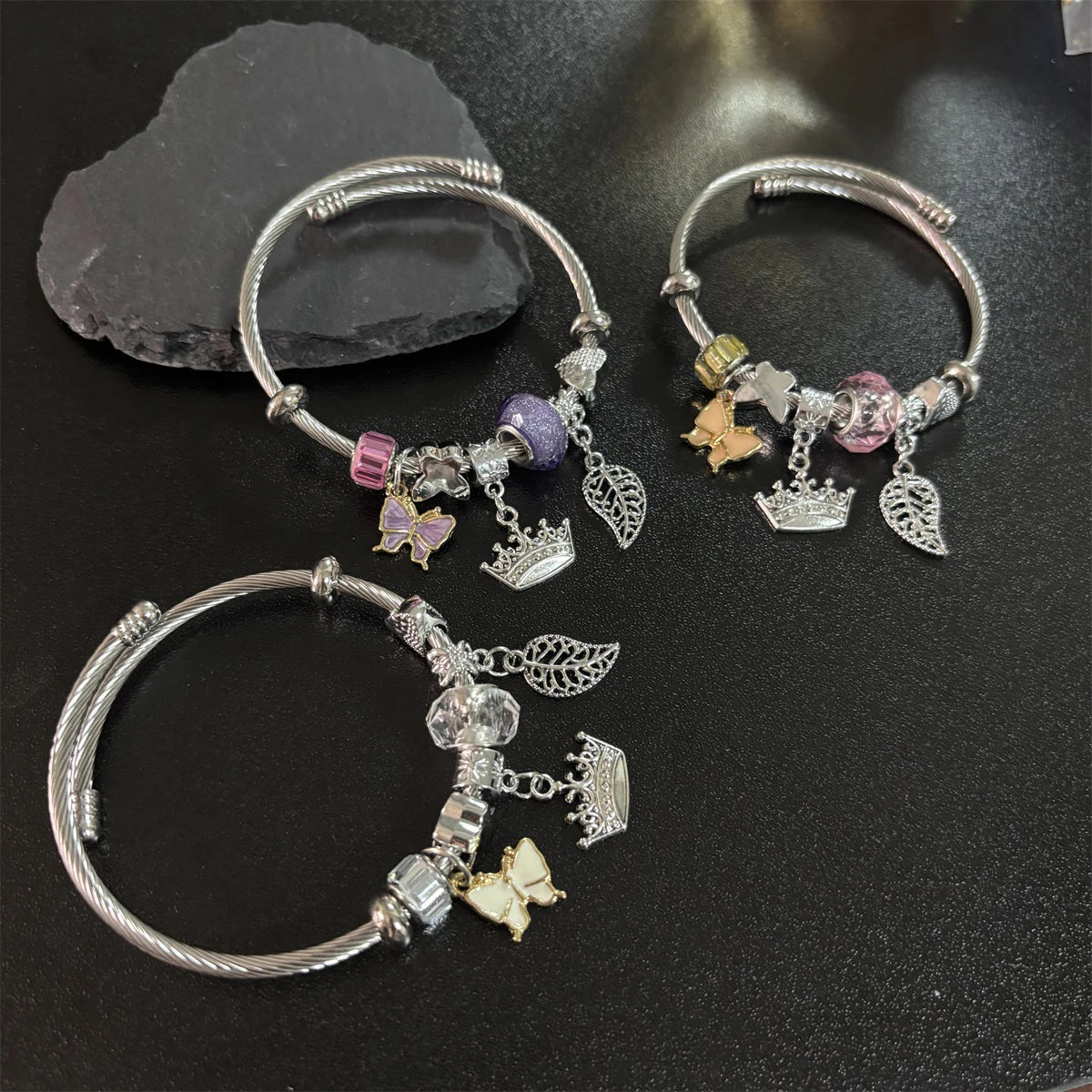 2025 New Designs Stainless Steel Charm Bracelet Fashion Butterfly Crown Leaf Bangle