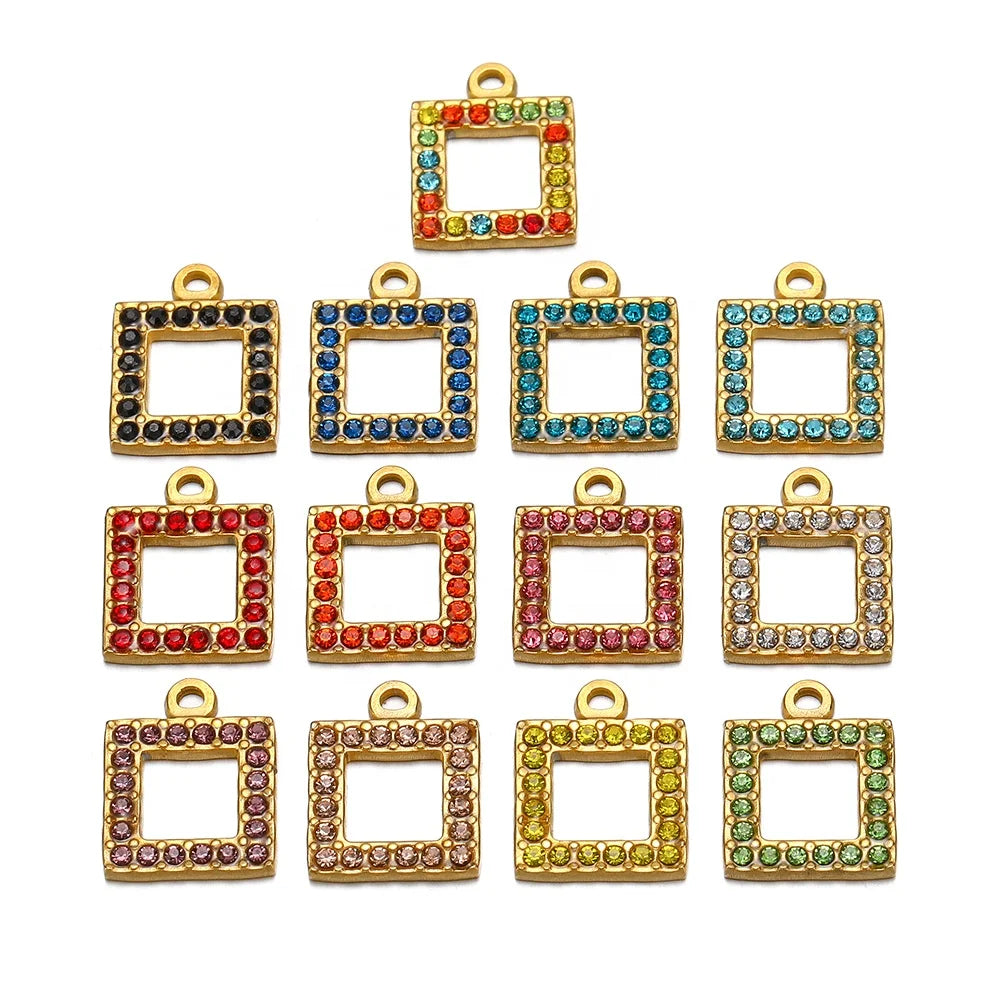 Stainless Steel 18K PVD Gold Plated Zircon Square Charms Pendant for DIY Jewelry Boho Necklace Earrings Making Supplies