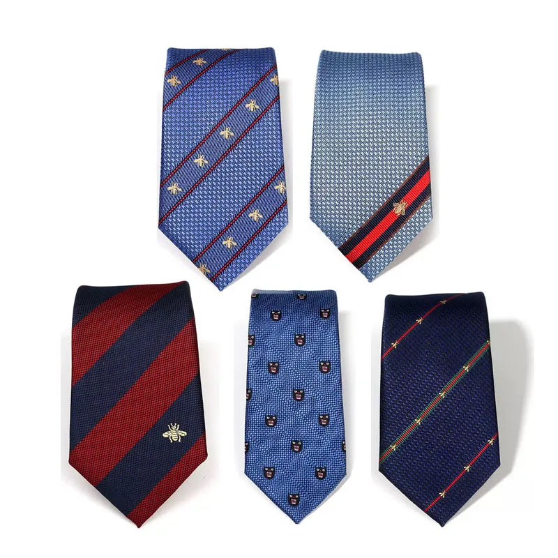 Italian Style Bee Embroidery Navy Red Black Stripe Tie Mens 7cm Fashion Trend Student Silk Tie