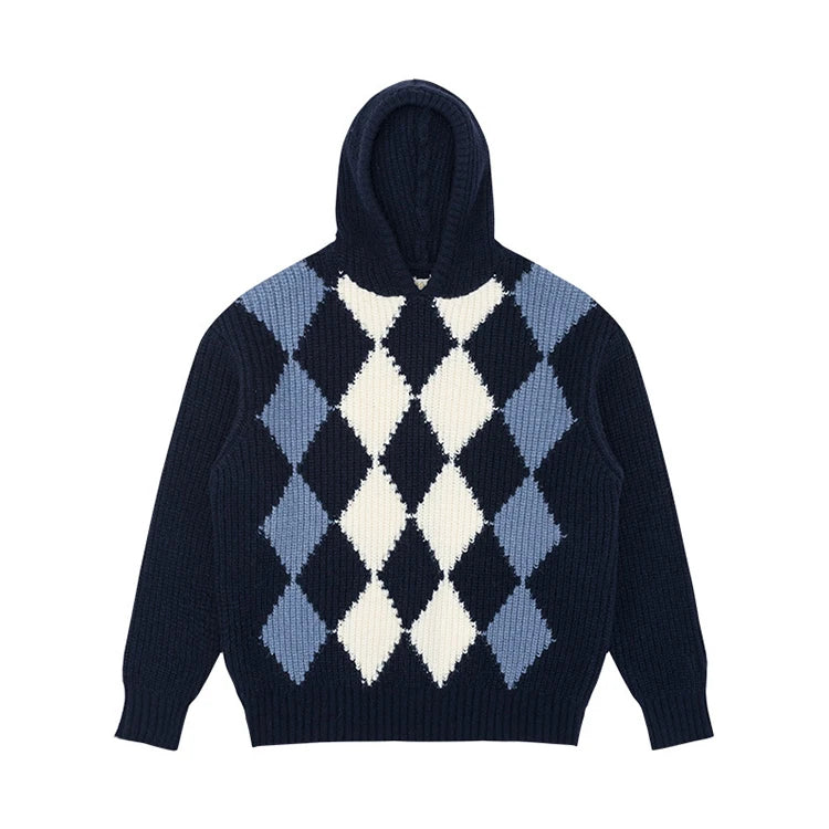 New Fashion Knitted Hoodie Argyle Contrast Color Custom Knitwear Mens Pullovers Plaid Jumpers Hoodie Sweater