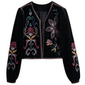 Women Vintage Flower Embroidery National Style Short Coat Ladies Retro Open Stitching Casual Velvet Jacket Tops CT100