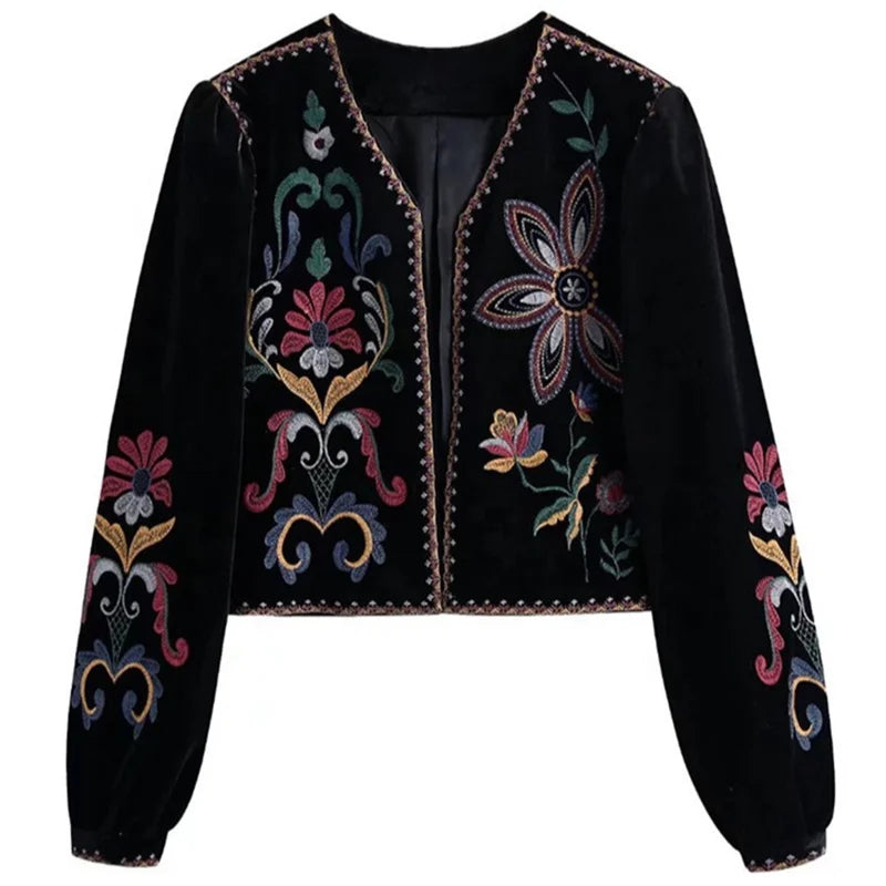 Women Vintage Flower Embroidery National Style Short Coat Ladies Retro Open Stitching Casual Velvet Jacket Tops CT100