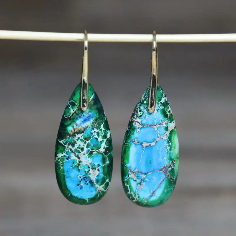 Natural Sea Sediment Teardrop Earrings Gemstone Dangle Earrings 18k Gold Plated Needle Imperial Jasper Stone Dainty Earrings