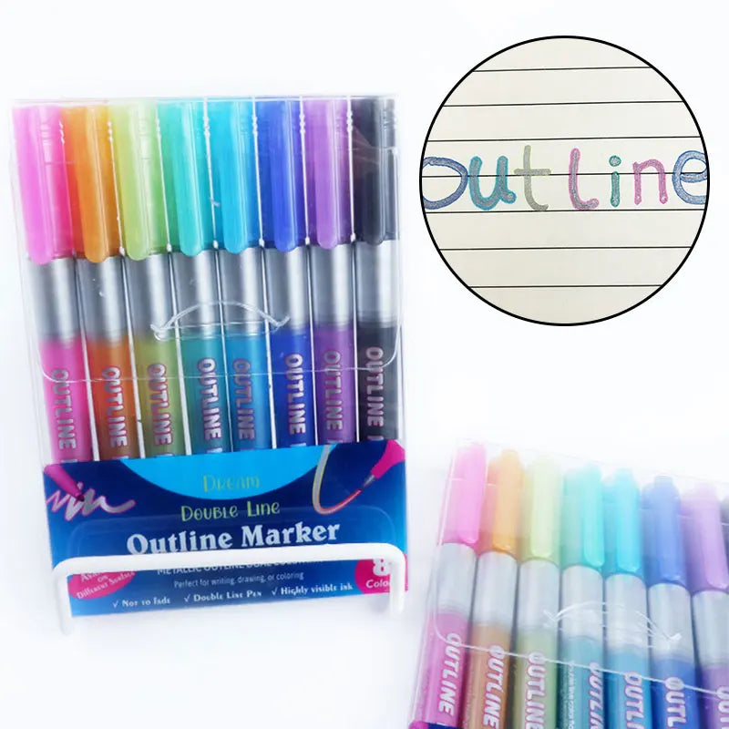 2022 Double Line Colorful Metallic Highlighter Pen Children Drawing Pen Promotional for Scrapbook