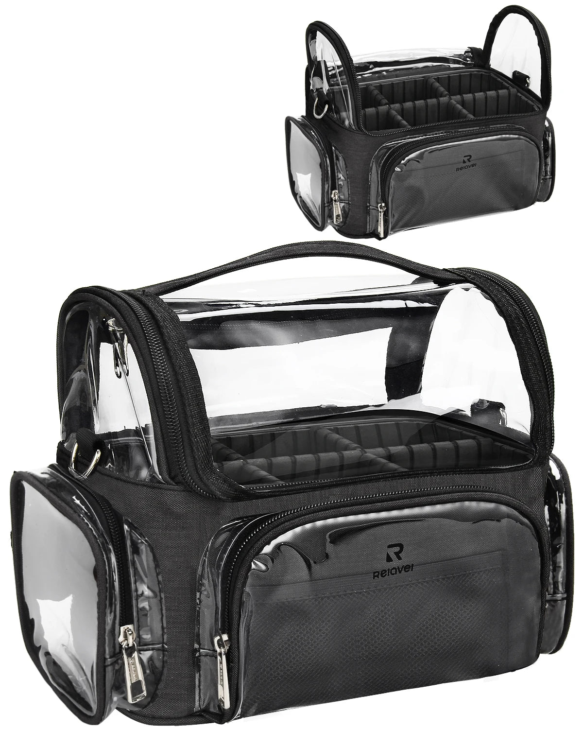 Relavel Makeup Brush Holder Professional Makeup Artist Case Clear Waterproof Cosmetic Bag with Adjustable Strap and Dividers