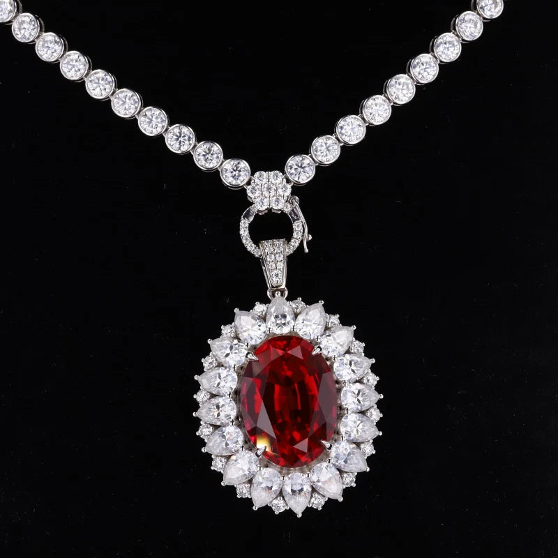 Customize Round Brilliant Cut 3.5mm Moissanite Tennis Necklace 9k Gold with Removable Lab Grown Emerald Ruby Sapphire Pendant