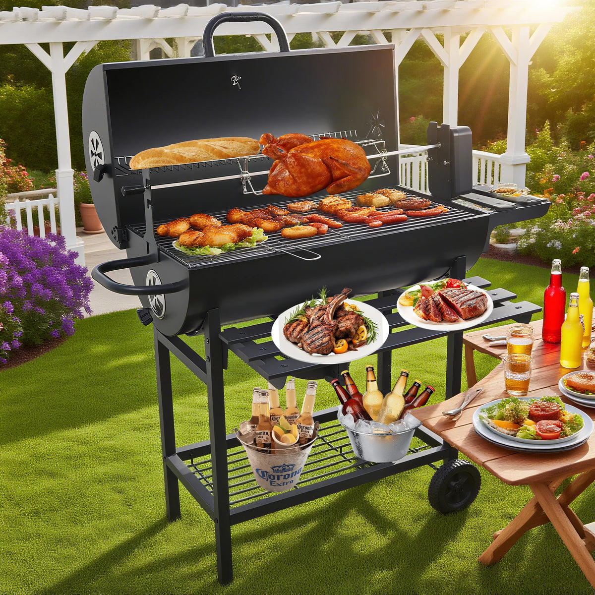 Top-ranking Suppliers Premium Modern Heavy Duty Steel Outdoor Rotisserie BBQ Grill 2 Folding Tables Remote Control Deep Fryer MegaBDM