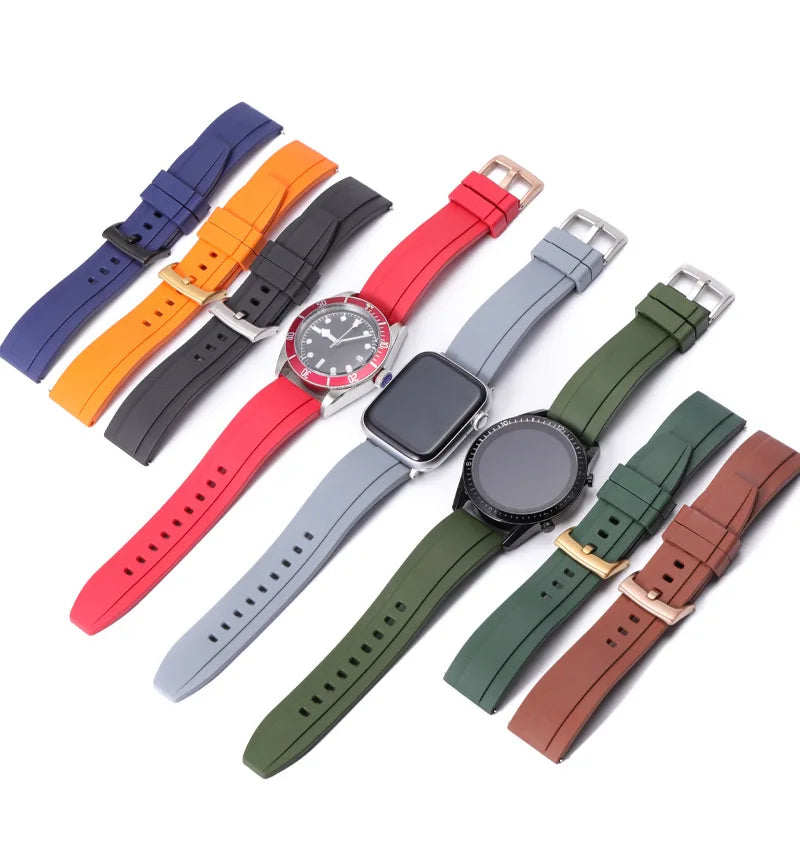 Durable Fluororubber Vulcanized FKM Rubber Watch Strap Silicone Smart Wristband 20mm 21mm 22mm for Diver Silicone Watch Band