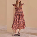 2024 Spring New French V-neck Printed Hollow Design Cake Tier Dress Feminine Slim Long Dress