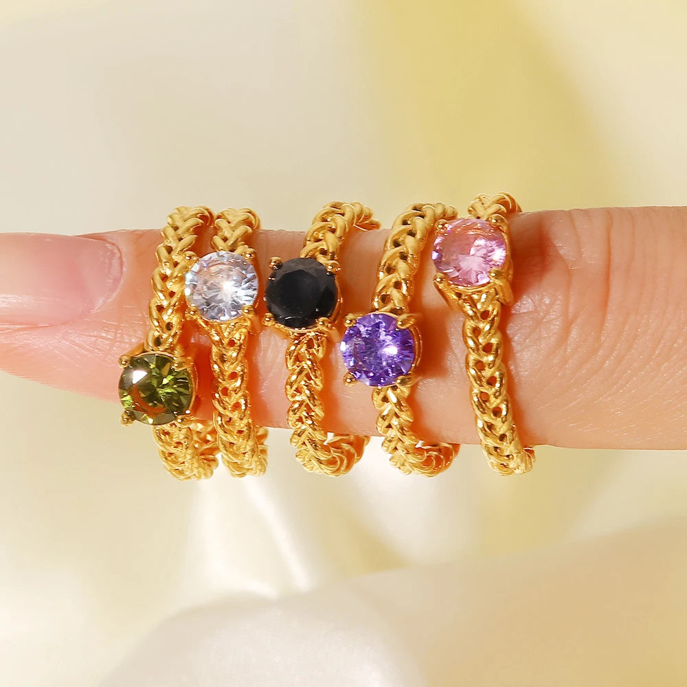 Fashion Jewelry Luxury Open 18k Gold Plated Diamond Round Cuban Rings Multi Colors Cubic Zirconia CZ Geometric Link Chain Ring