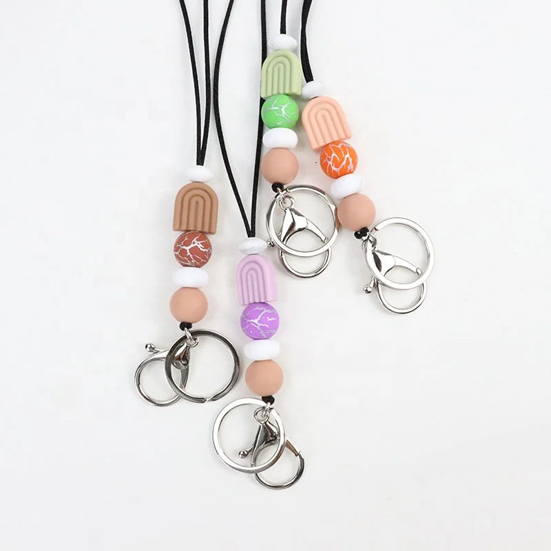 Silicone Eco-Friendly Handmade Fashionable Rainbow Print Abacus Round Beads Custom Logo Keychain Lanyard
