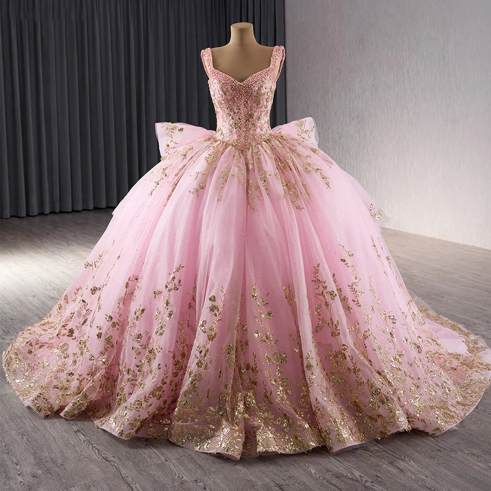 Jancember 241090 Fashion Pink Sequins Pearls Bow Quinceanera Dresses for Girls