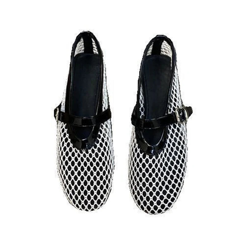 Women's Mesh Ballet Flats Fishnet Ballerina Flats Buckle Strap Flats Causal Daily Dress Shoes MegaBDM