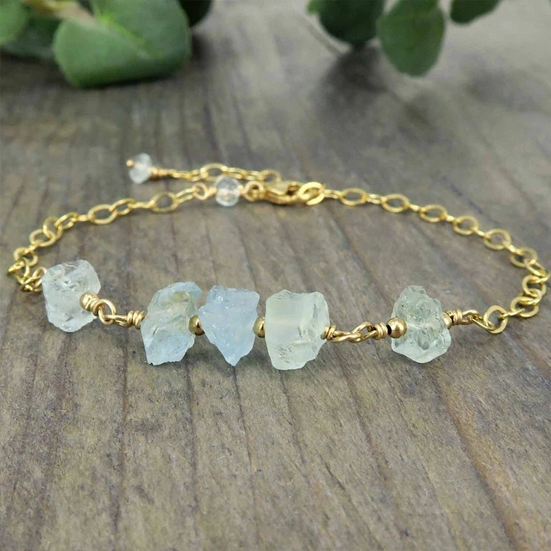 Zooying Natural Aquamarine Bracelet March Birthstone Raw Stone Crystal Bracelet Jewellery