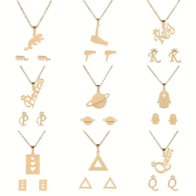 G764 Gold Stainless Steel Queen Letter Earring Set Rose Charm Earring Necklace for Women Jewelry Sets