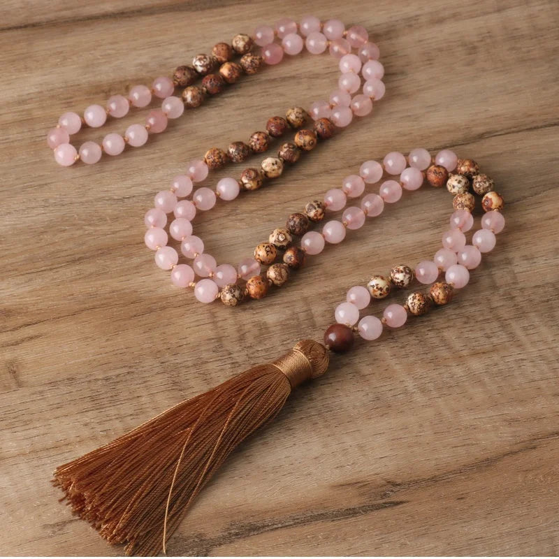 8mm Rose Quartz Necklaces Fine Jewelry Gift Healing Crystal Fire Agate 108 Beaded Japamala Necklace for Women Girls