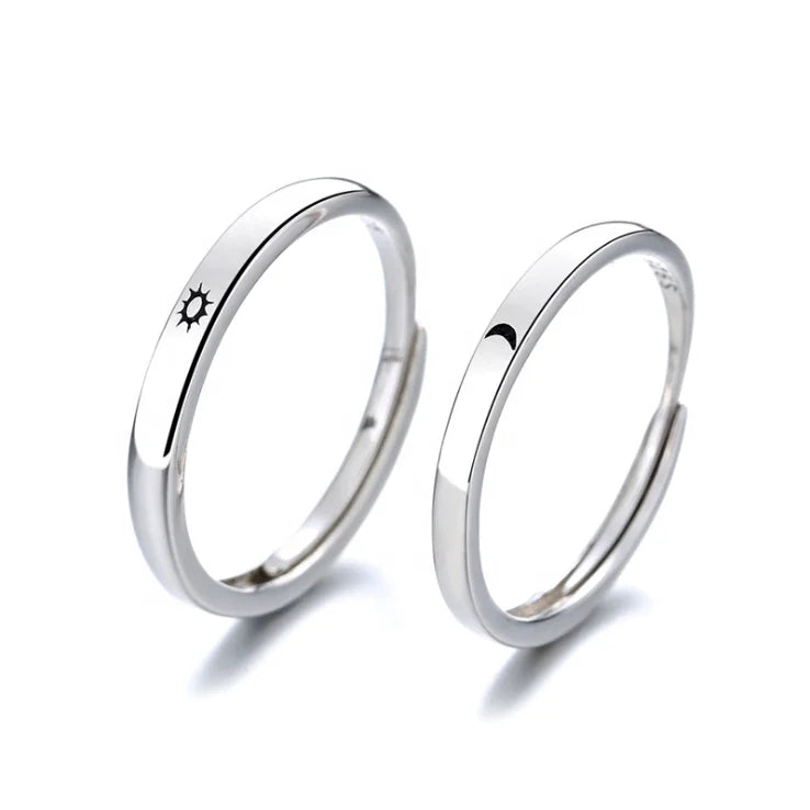 Isunni S925 Sterling Silver Sun and Moon Love Couple Ring Resizable Opening Rhodium Plated Romantic Style for Wedding Party