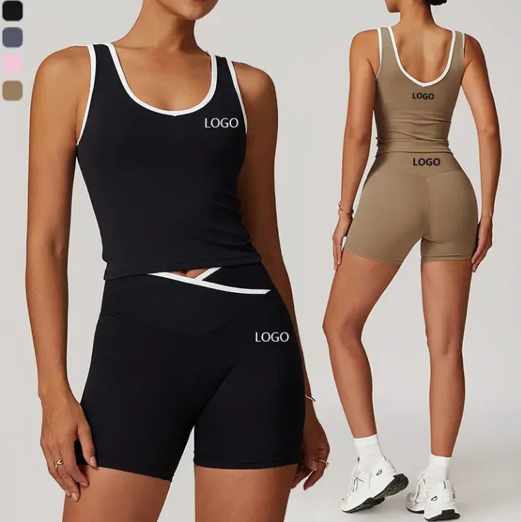 Women's High Waist Gym Shorts Backless Fitness Sports Tank Top Sleeveless Workout Activewear Breathable 2-Piece Set Printed