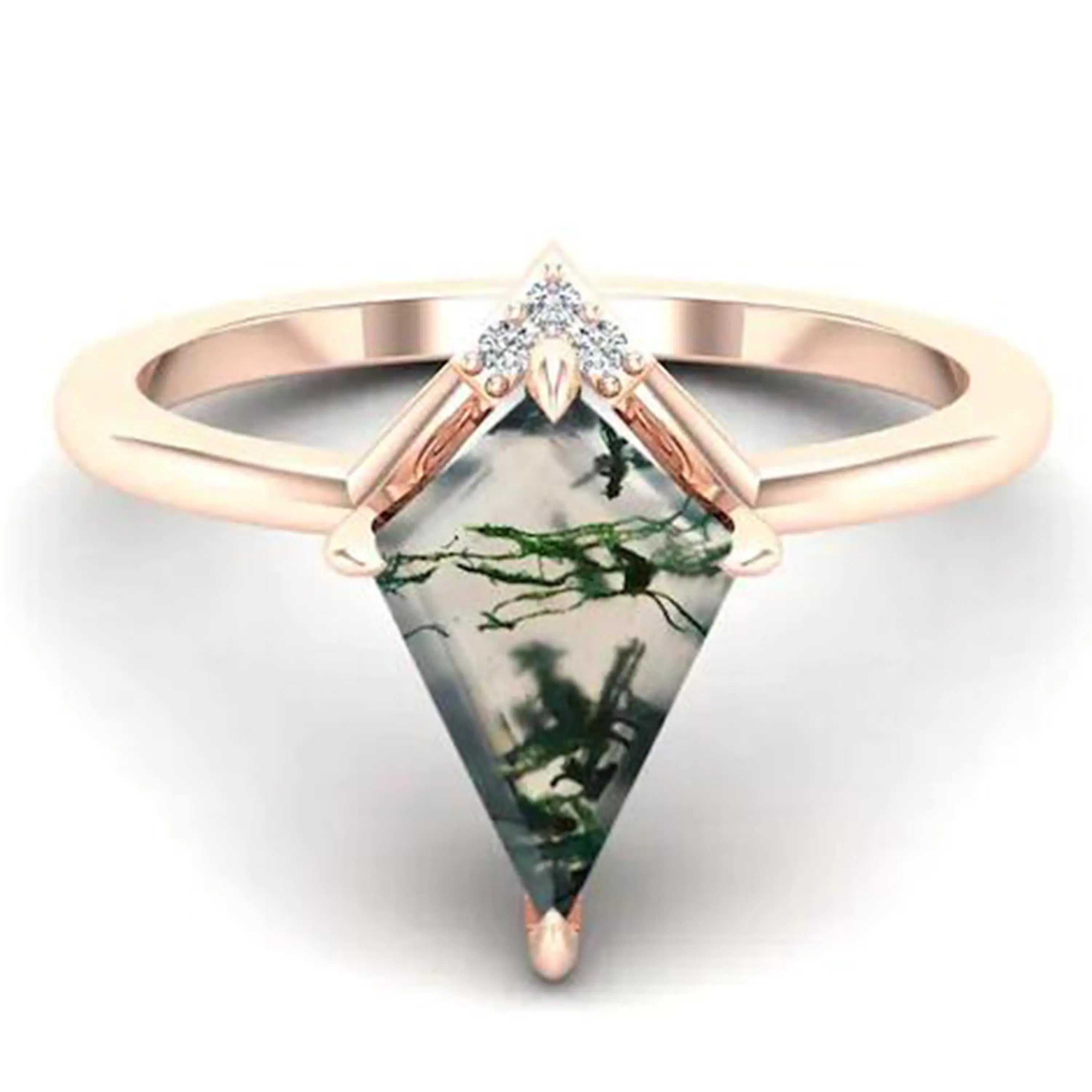S925 Silver Vermeil Engagement Ring Green Moss Agate Kite ShapedNatural Moss Agate Jewelry Gemstone Jewelry