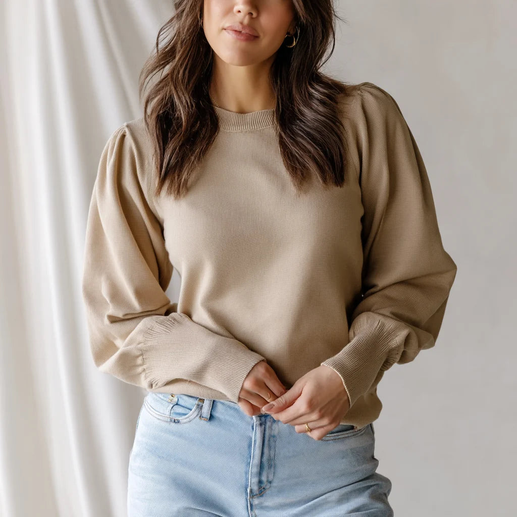 Women's Trendy Loose Puff-Sleeve Pullover Sweater Lightweight Cotton Breathable Crew Neck Knitwear for Casual Front Button