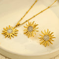 Stainless Steel Waterproof Jewelry Set 18k Gold Plated Sunflower Zircon Pendant Necklace Hypoallergenic Earrings YF6105