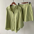 2025 Women's Solid Color Cotton and Linen Shirt Suit High Waist Loose Shorts Retro Plus Size 2-Piece Set