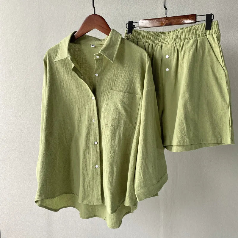 2025 Women's Solid Color Cotton and Linen Shirt Suit High Waist Loose Shorts Retro Plus Size 2-Piece Set
