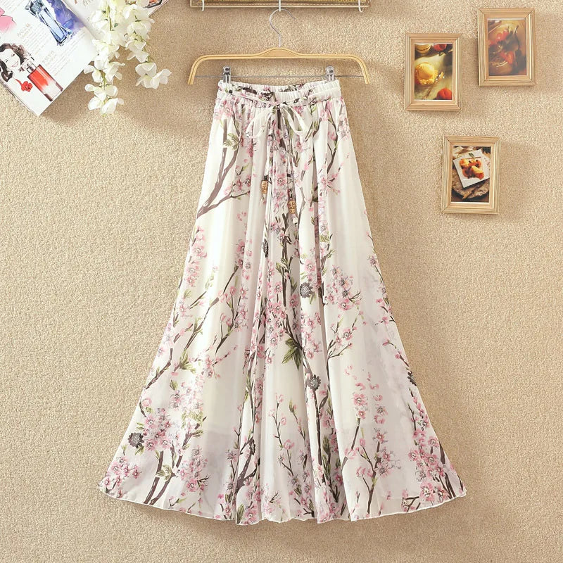 Floral Print Chiffon Long Skirt Women Fashion Summer Belt a Line High Waist Pleated Skirt Female Aesthetic Skirt 30 Colors
