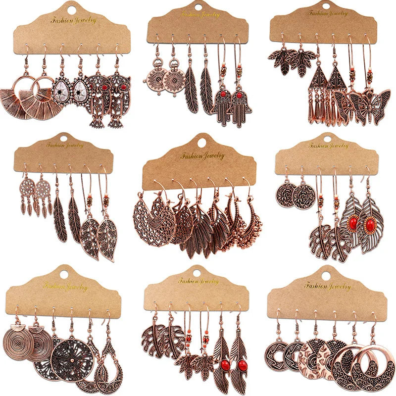 New Hollow Alloy Leaf Stone Earrings Butterfly Feather Vintage Long Dangle Earrings Jewelry
