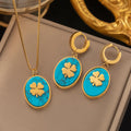 Nabest Stainless Steel Women Turquoise Pendant Necklace Earring Jewelry Four Leaf Clover Waterproof Gold Plated Jewelry