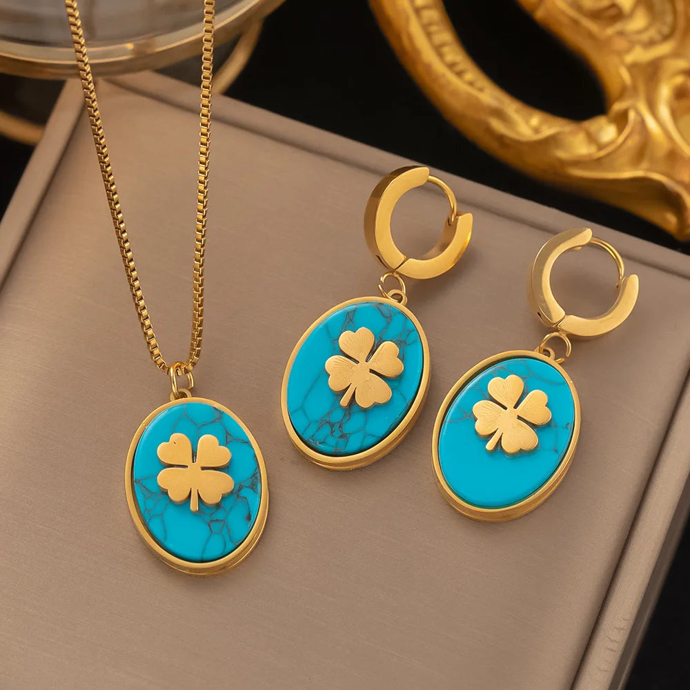 Nabest Stainless Steel Women Turquoise Pendant Necklace Earring Jewelry Four Leaf Clover Waterproof Gold Plated Jewelry