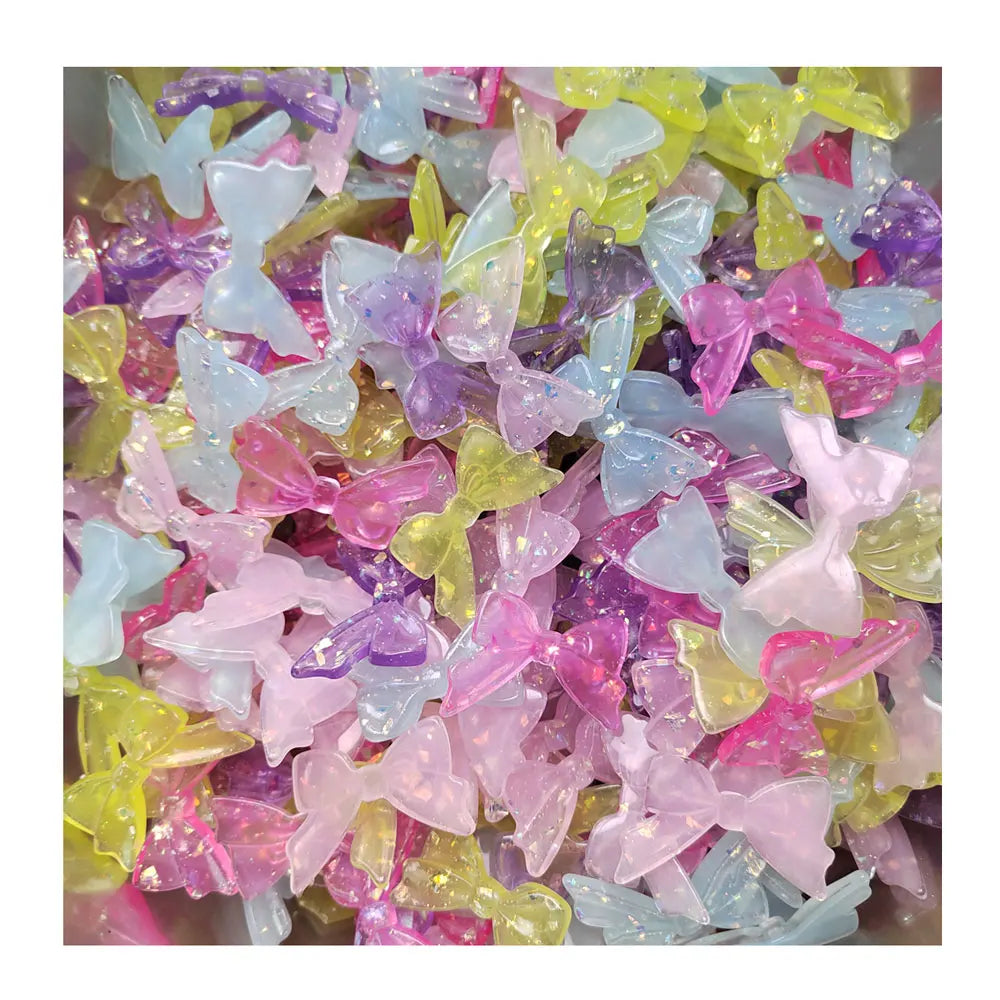 100PCS Glitter Transparent Shiny Resin Bowknot Flatback Cabochon Scrapbook DIY Children Hair Clip Plastic Bowknot Accessories
