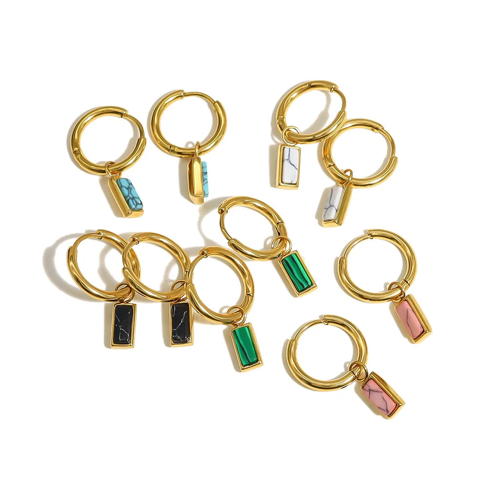 Chic Luxury Gold Plated Natural Stone Huggie Earrings Stainless Steel Malachite Turquoise Square Hoop Earrings for Women