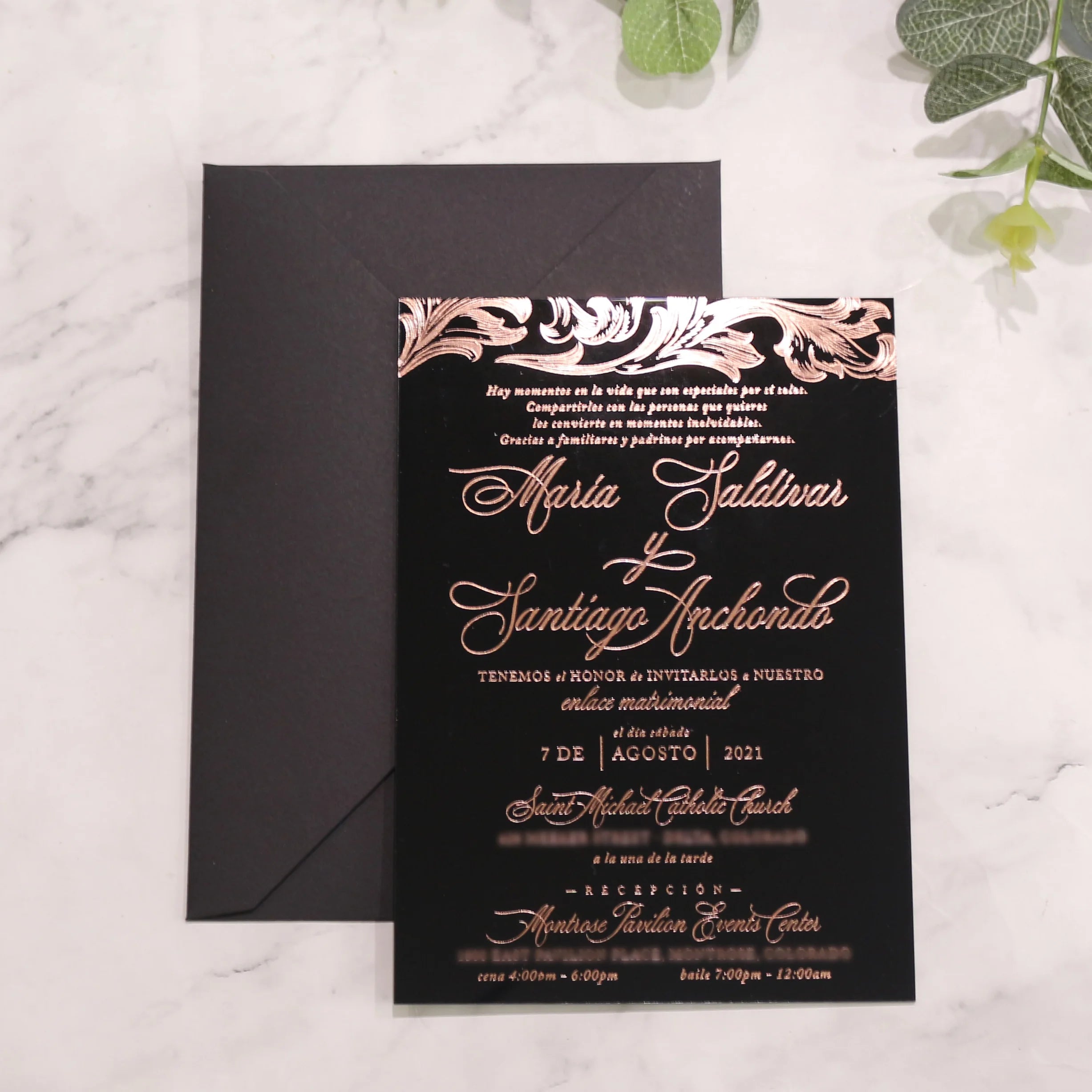 Custom Rectangle Shape Rose Gold Foil Black Acrylic Invitation Cards With Envelopes Handmade Wedding Stationery