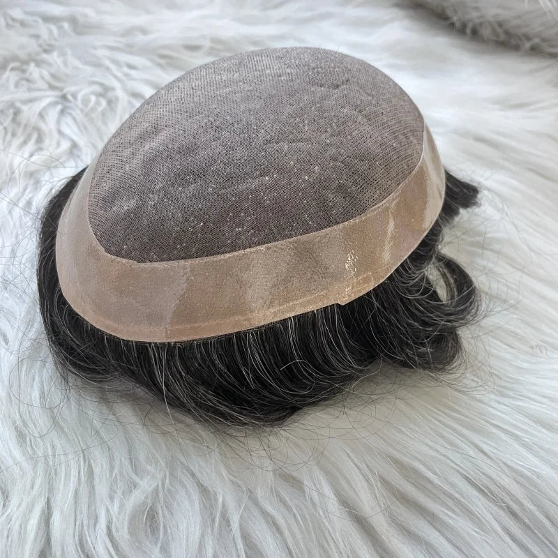 EMEDA Stock Durable Mono Toupee Grey Remy Hair Replacement System