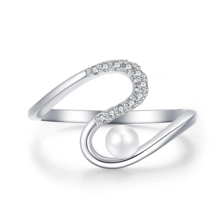 Original New Design Pearl Jewelry 925 Sterling Silver Micro Inlay CZ Diamond Curved Shape Pearl Ring For Women Girls