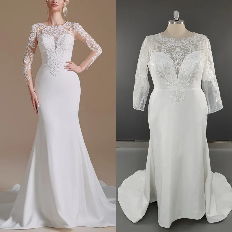 15266#Elegant Long Lace Sleeve Appliques Mermaid Wedding Gown Birthday Engagement Dress for Plus Size Women Prom Evening Dresses