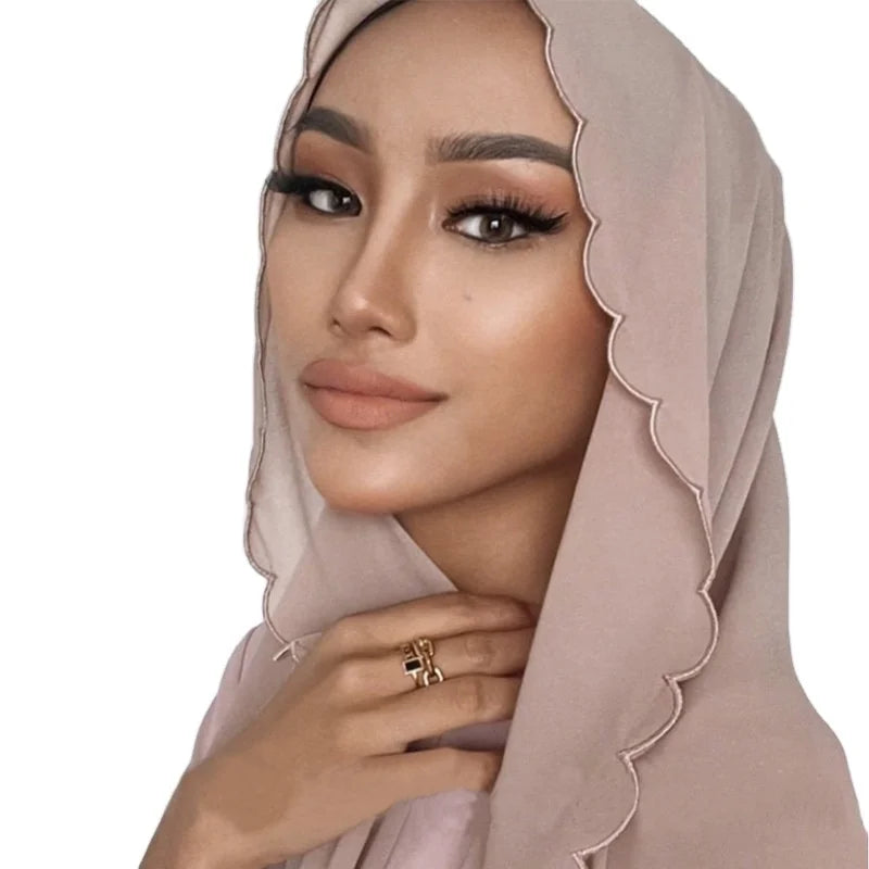 Women's Pure Color Chiffon Hijab New Bronzed Flower Turban Embroidery Lace Scarf with Hot Pearl for Muslim Summer