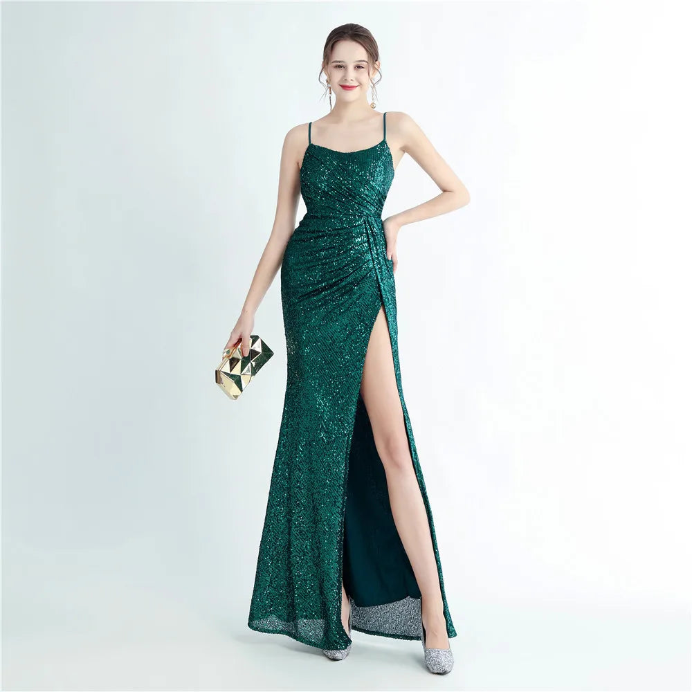 19992# High Density Bead Pleated Side Slit Halter Long Evening Dress