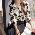 9059# Moda Turn Down Collar Blusas for Women Long Sleeve Rose Print Chiffon Blouse Shirt Knitted Tops for Spring Button