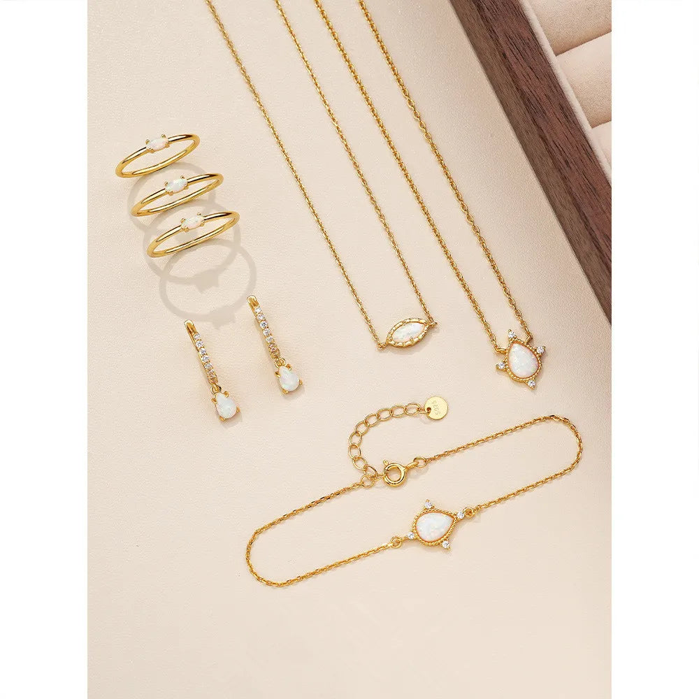 Fashion Jewelry 925 Sterling Silver Water Drop White Opal Zircon Gold Plated Hoop Earrings Necklaces Rings Bracelets Women