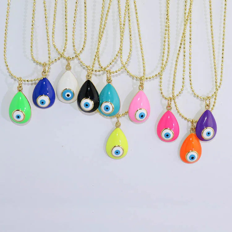 NM1269 Dainty Rainbow Jewelry Gold Plated Enamel Multicolor Evil Eyes Teardrop Drop Ball Pendant Chain Statement Necklace