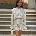 Printed Summer Clothes Casual Outfit Crew Neck Button Up Flared Long Sleeve Ruffled Shirt Dress For Women With Corset Two Piece MegaBDM