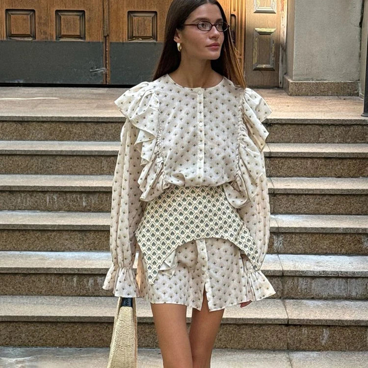 Printed Summer Clothes Casual Outfit Crew Neck Button Up Flared Long Sleeve Ruffled Shirt Dress For Women With Corset Two Piece MegaBDM