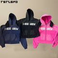 Custom Silk Screen Print Hoodie Cotton Heavyweight 400gsm Acid Wash Sun Faded Rivet Rhinestone Cropped Boxy Fit Zip up Hoodie