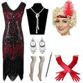 Women's Flapper Great GATSBY Party Sequin Tassel V Neck Dress Headband Necklace Gloves Earring Set 1920s Accessories Set