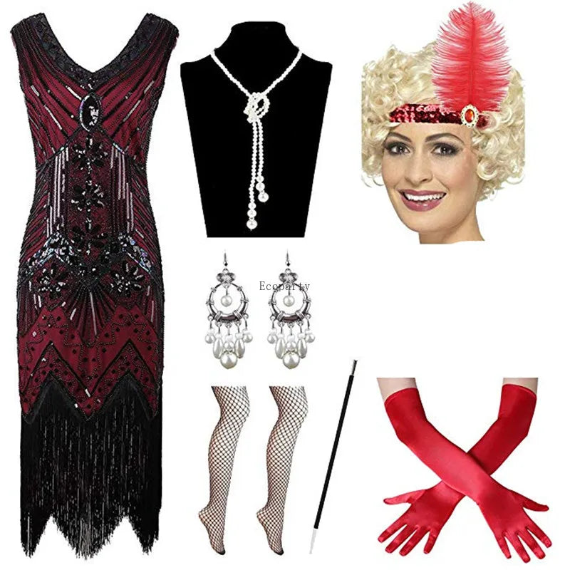 Women's Flapper Great GATSBY Party Sequin Tassel V Neck Dress Headband Necklace Gloves Earring Set 1920s Accessories Set