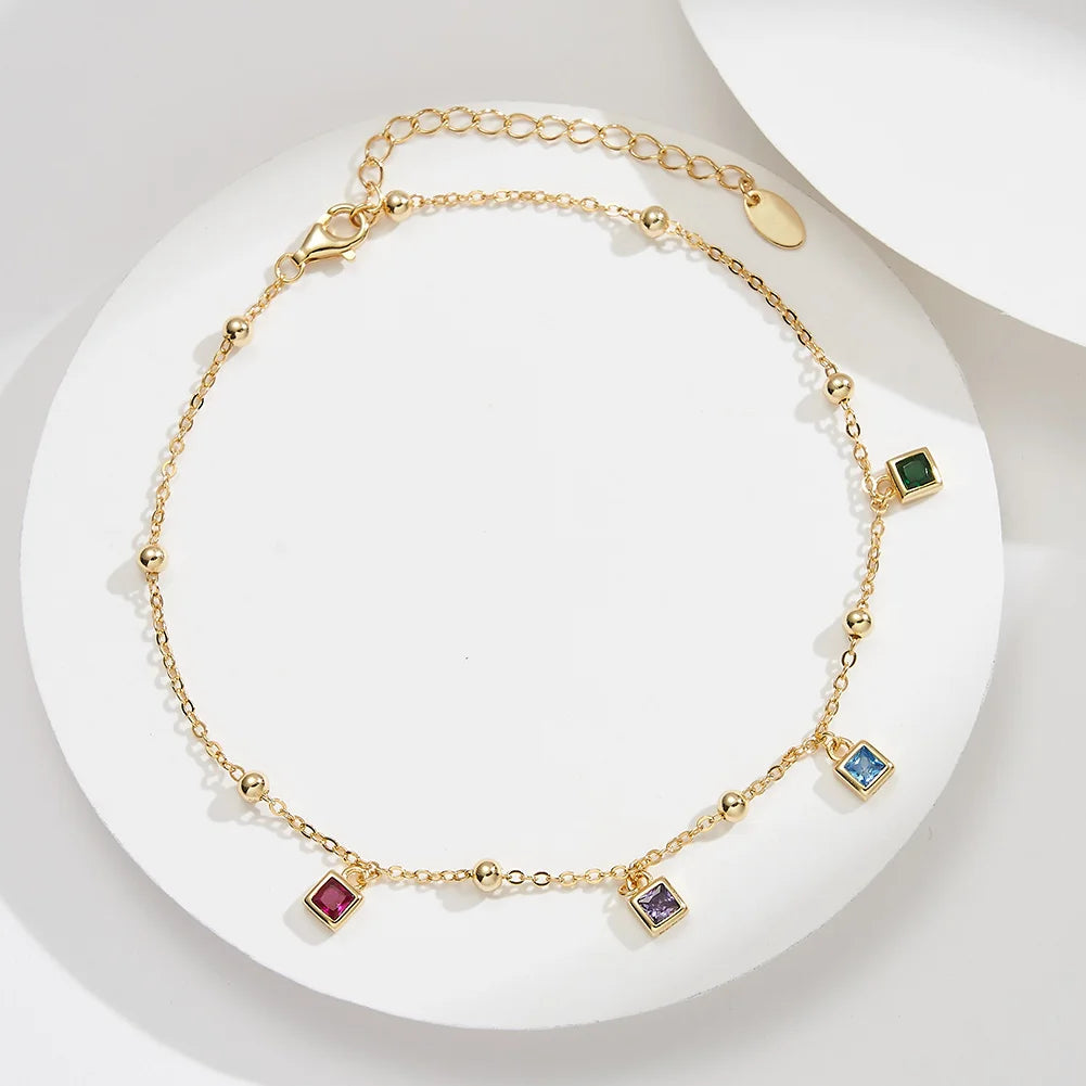 RINNTIN SA91 Rainbow Zircon Anklet 925 Sterling Silver Anklet Square Zircon Gold Plated Anklet Chain Women