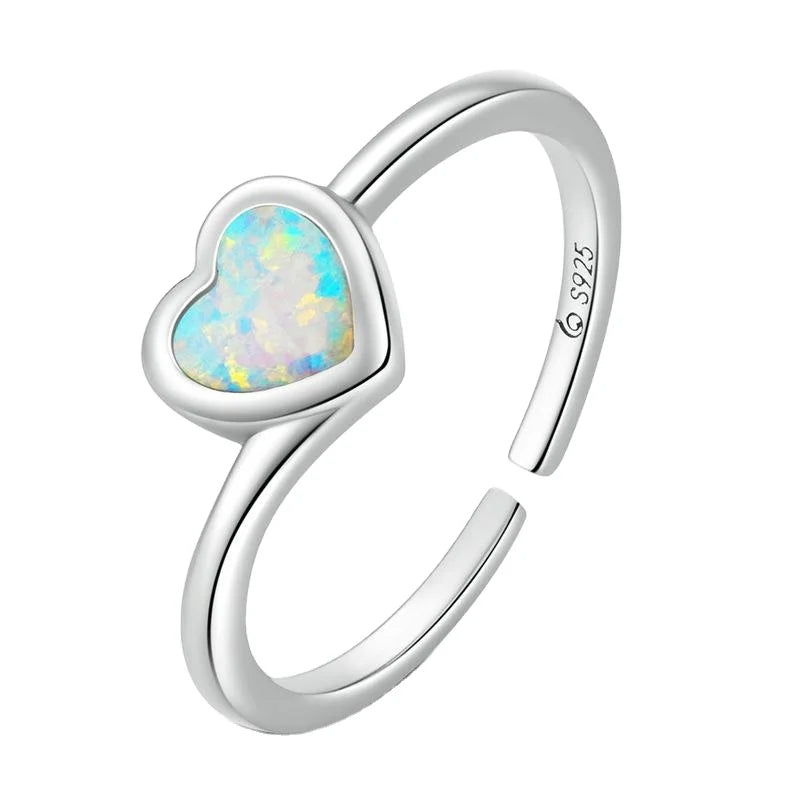 Rainbowking love Opal Sterling Silver Ring S925 Color Opal Heart Shape Simple Jewelry Ring