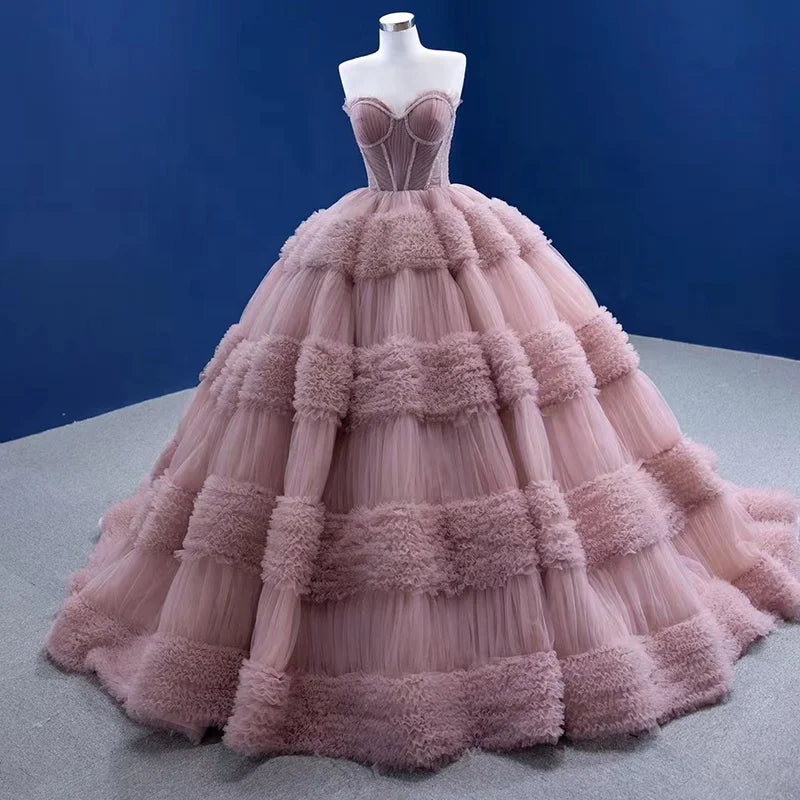 Jancember RSM67372-2 Pink Long Vintage Ball Gown Evening Dress for Women With Long Train